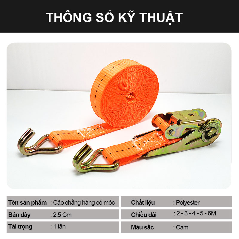 Dây chằng hàng, buộc hàng tăng đơ có móc, màu cam bản 2.5cm chiều dài 2-3-4-5-6m - NIKITA