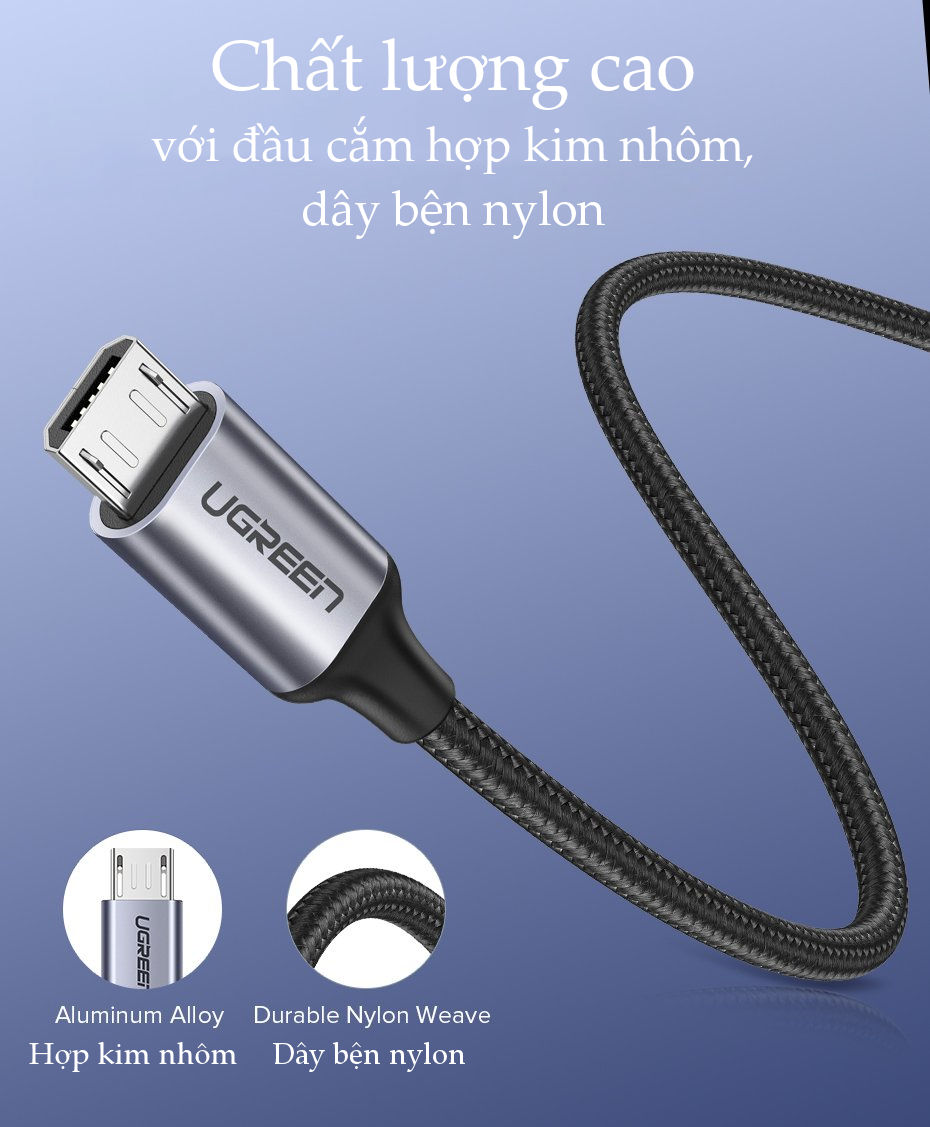 Dây cáp sạc nhanh Micro USB Ugreen US290 dài 3m, vỏ sợi bện siêu bền - Hàng nhập khẩu chính hãng