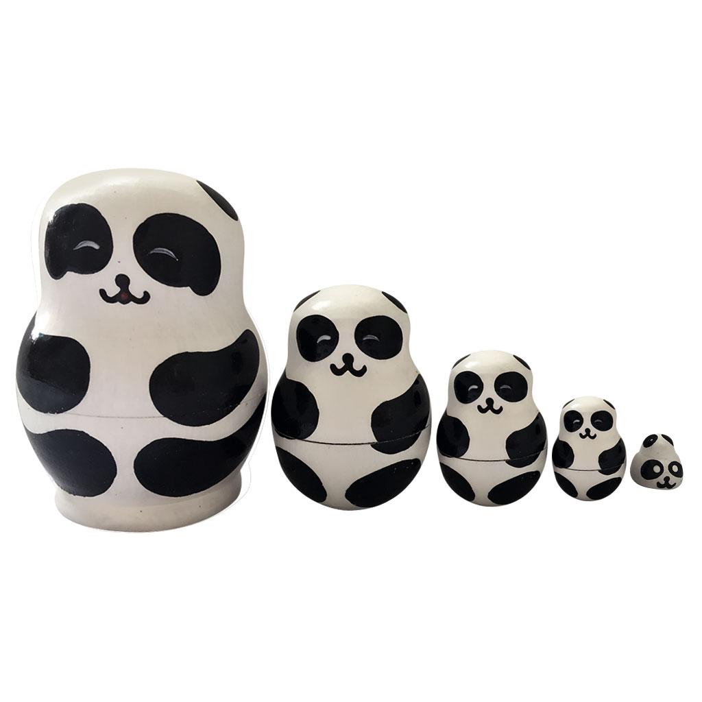 5PCS Hand Painted Wooden Matryoshka Pandas Russian Nesting Dolls