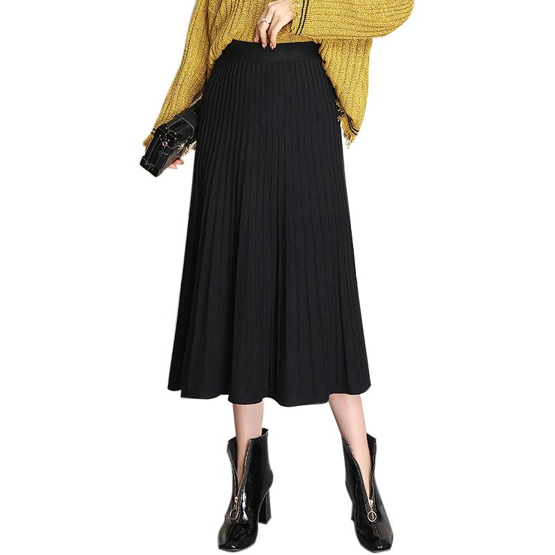 Women Knitted Skirt Solid Color High Waist Ribbed Pleated A-Line Spring Autumn Elegant Vintage Street Wear