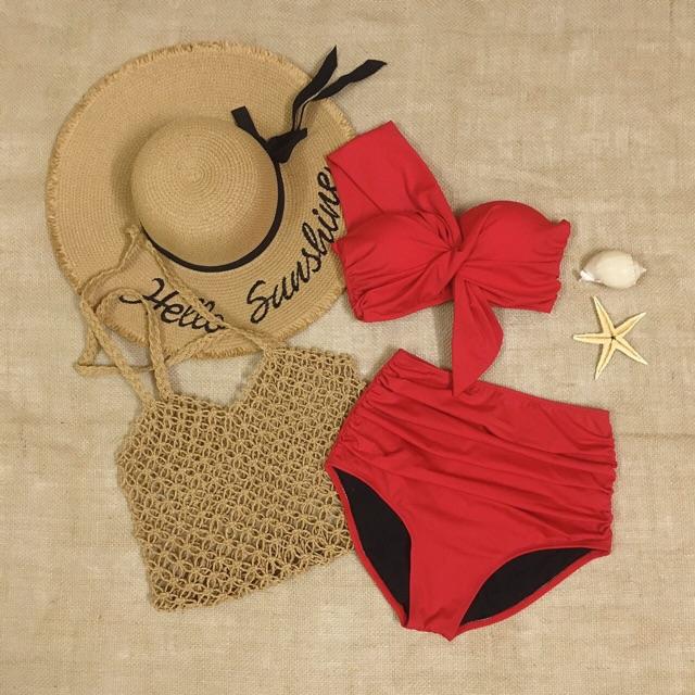 Set bikini, đồ bơi lưng cao, áo gọng nâng ngực lệch vai 2020