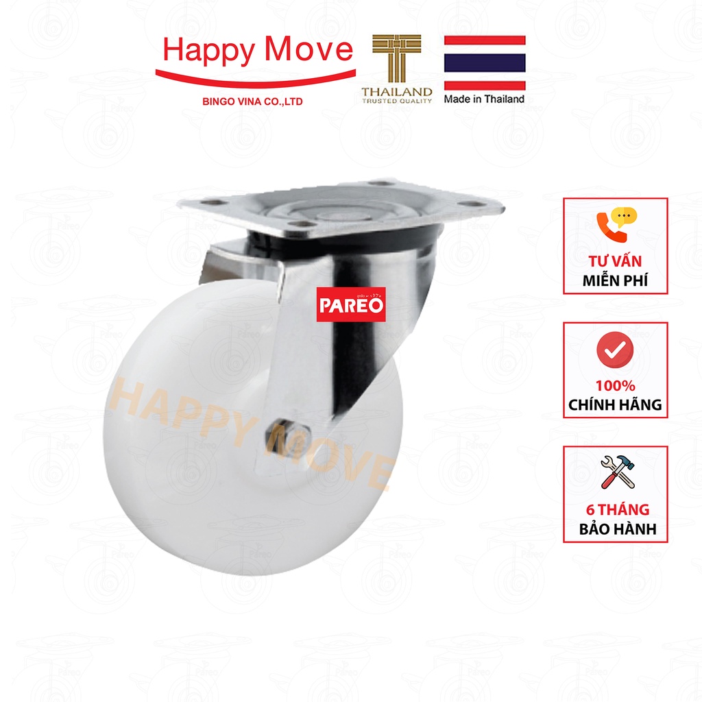 Bánh xe đẩy nylon trắng (PA) càng Inox 304 xoay 360 độ - 80-125mm - Happy Move Thái Lan