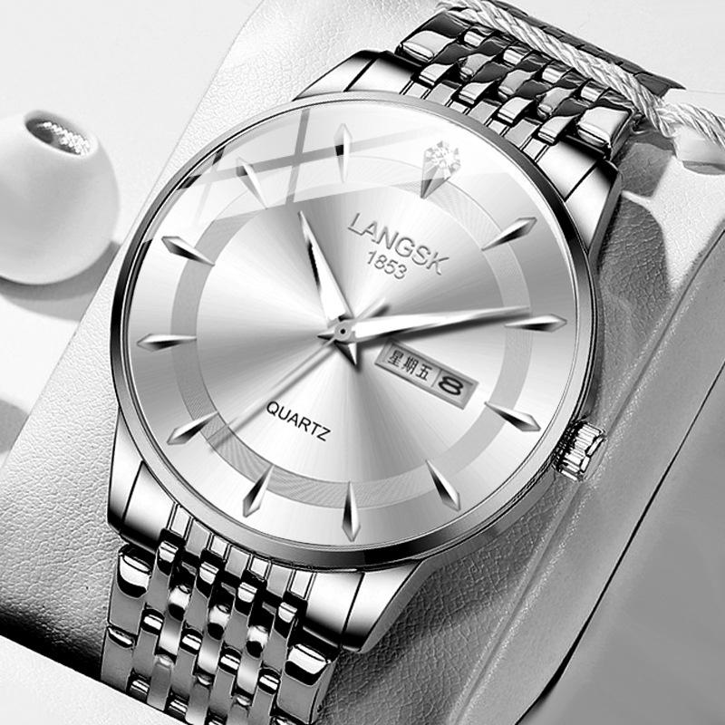 Phong cách mới nhất Lang Shi Kai đồng hồ nam mới chống thấm nước dạ quang lịch đôi phiên bản Hàn Quốc của đồng hồ thạch anh dây thép nam