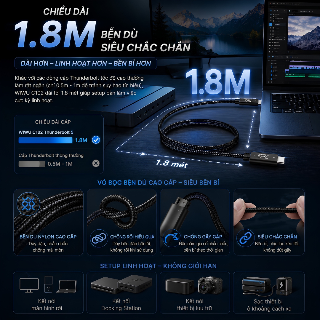 Dây cáp THUNDERBOLT 5 PD 240W WIWU C102 USB-C TO USB-C 1.8M | 120Gbps Bandwidth Boost | 8K/16K 60Hz | Chip E-Marker cho Macbook / iPhone / iPad / Laptop - Hàng nhập khẩu
