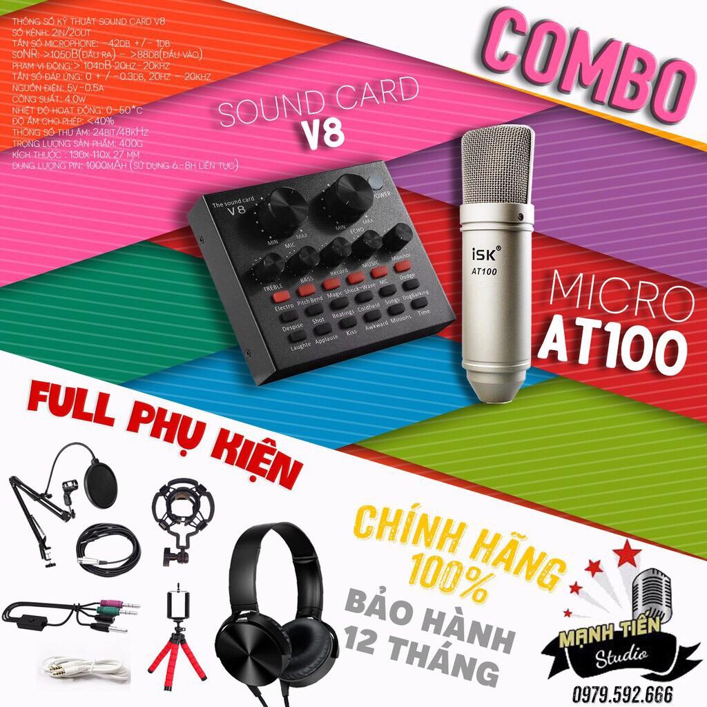 Trọn bộ AT100 + Soundcard V8 thu âm chuyên nghiệp, livestream fb, bigo, tiktok, hát karaoke,..