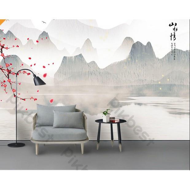 Tranh dán tường Hoa anh đào rơi trên dòng sông thơ mộng, Tranh 3d dán tường hiện đại MS622091