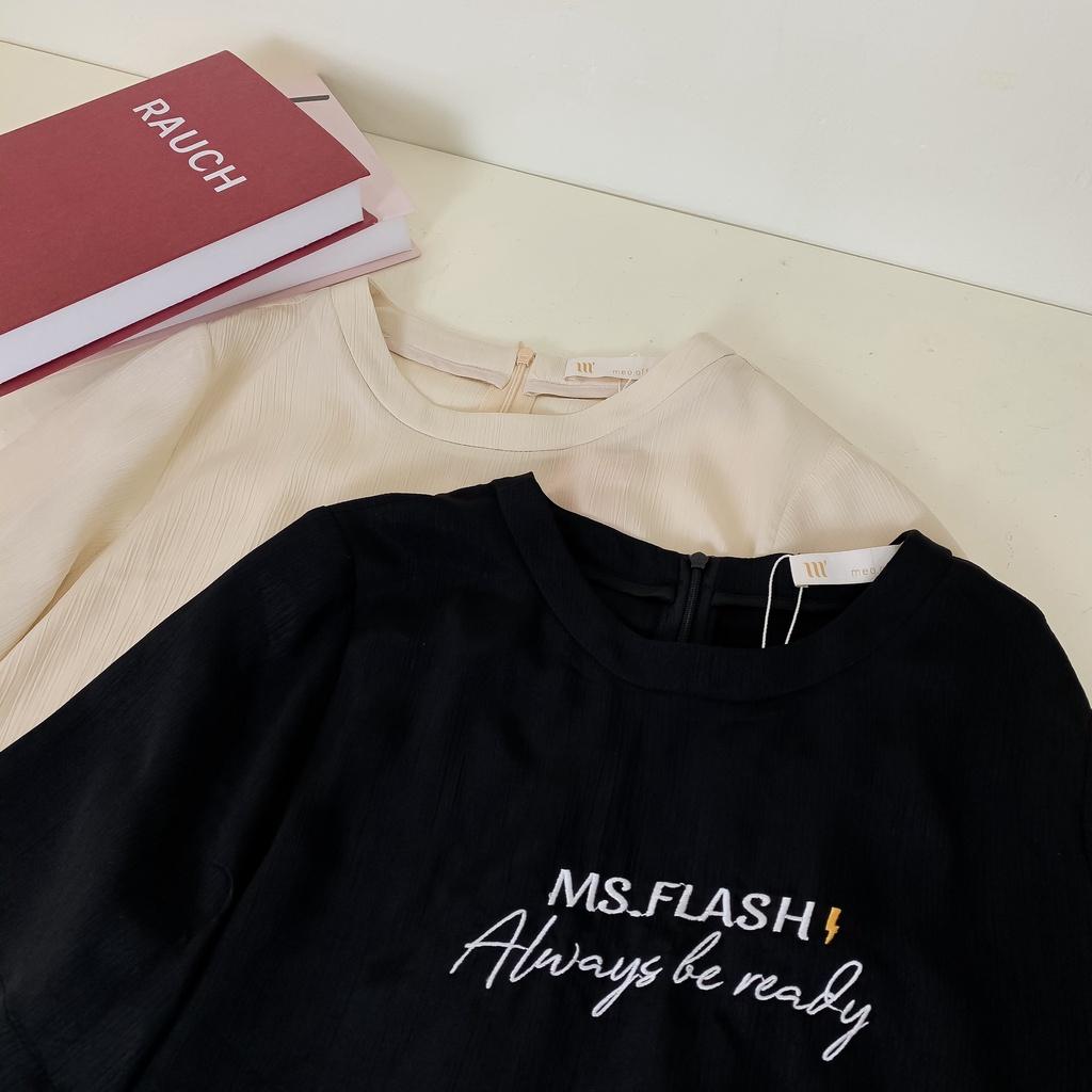 Áo kiểu nữ Méo Shop tay ngắn vải sheer thêu chữ kiểu hàn Ms.Flash