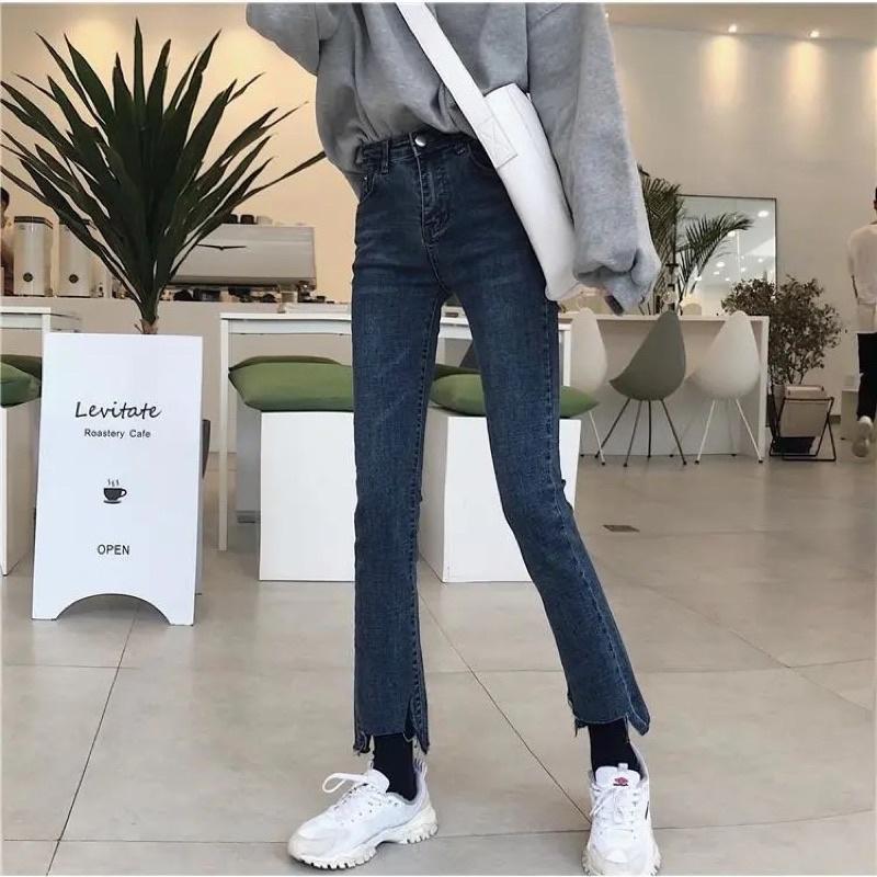 Quần Jeans Nữ Màu Xanh Ống Loe Tua Gấu Cạp Cao Ống Bó Xoè Đứng Phong Cách Ulzzang Chất Liệu Co Dãn Loại 1 Mặc Hàng Ngày