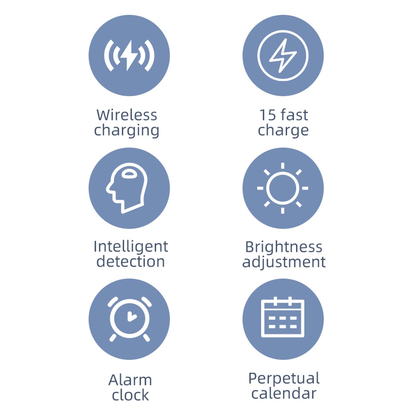 Alarm Clock with 15W Fast Wireless Charging Adjustable Brightness LCD Display for Bedroom