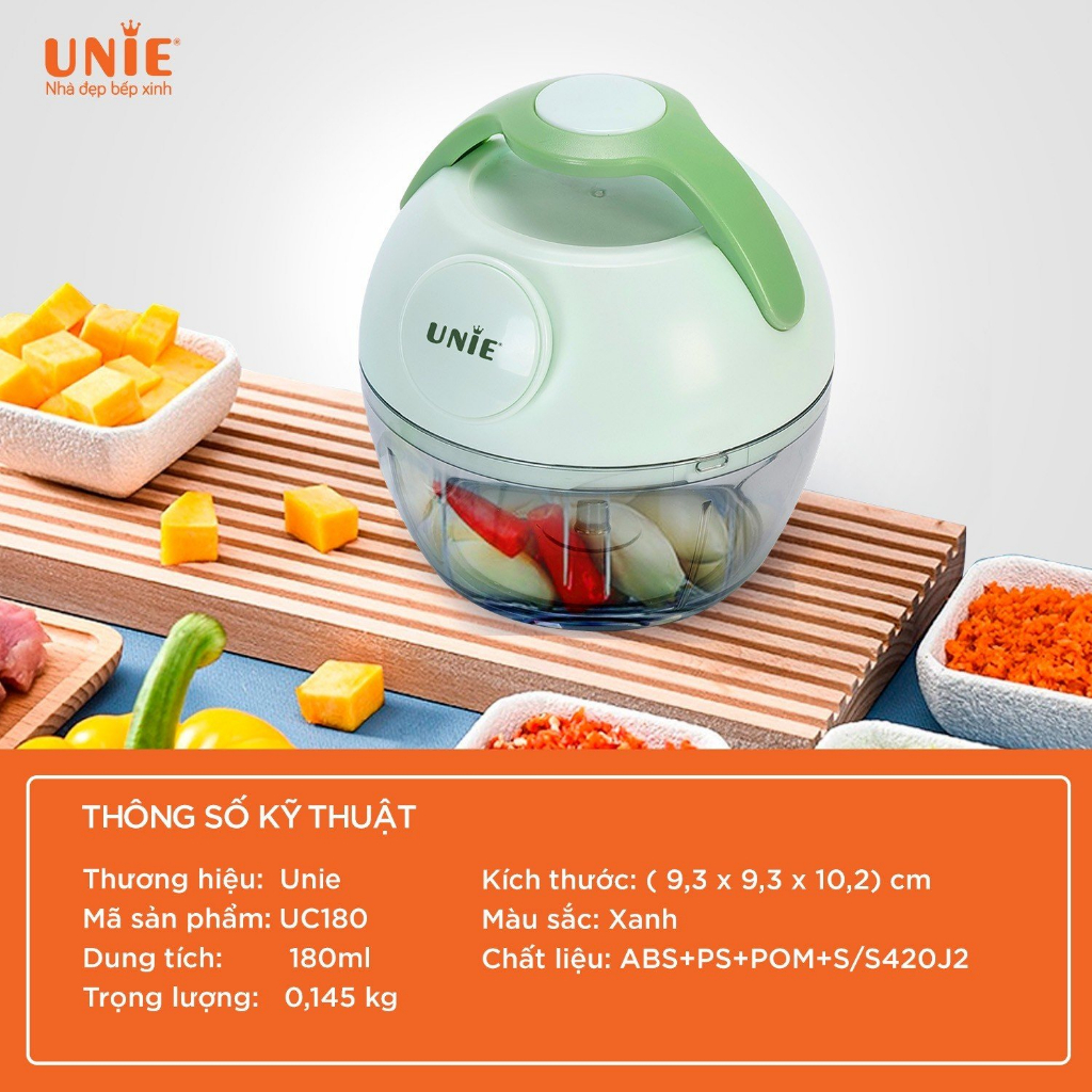 Máy xay hành tỏi ớt UNIE UC180 dung tích 180ml, lưỡi dao thép cao cấp 3 tầng sắc bén, thiết kế nhỏ gọn, dễ tháo lắp - hàng chính hãng