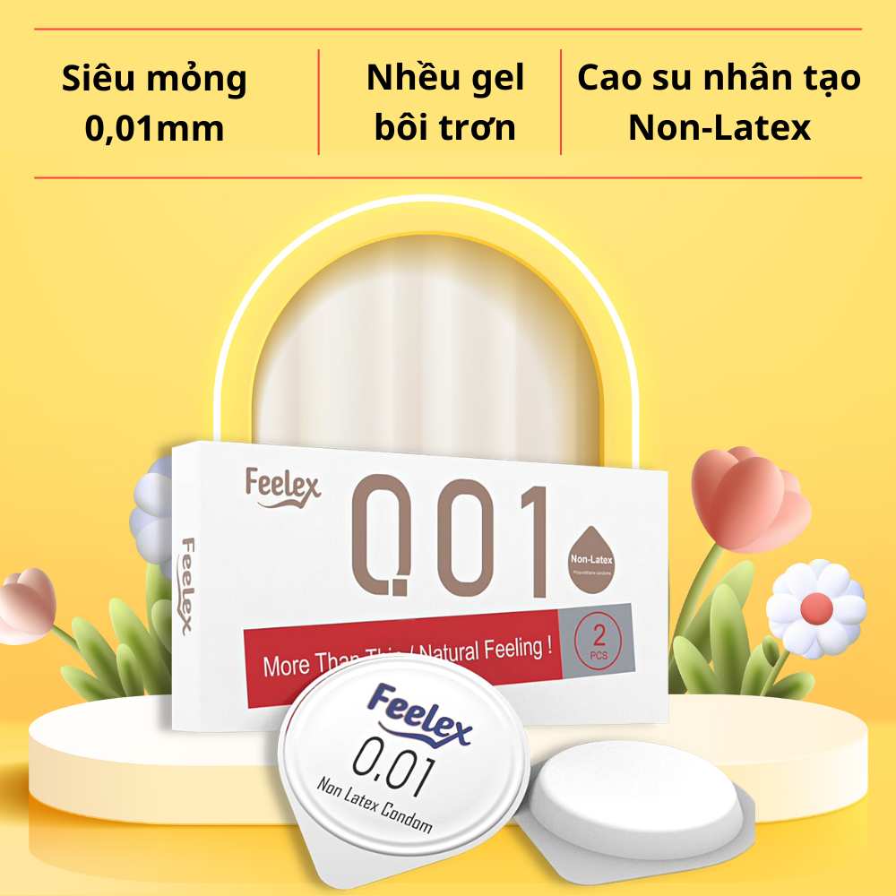 Bao cao su nam Non-Latex Feelex 001, siêu mỏng chuẩn 0.01mm, cao su nhân tạo không mùi, an toàn tuyệt đối, hộp 2 chiếc