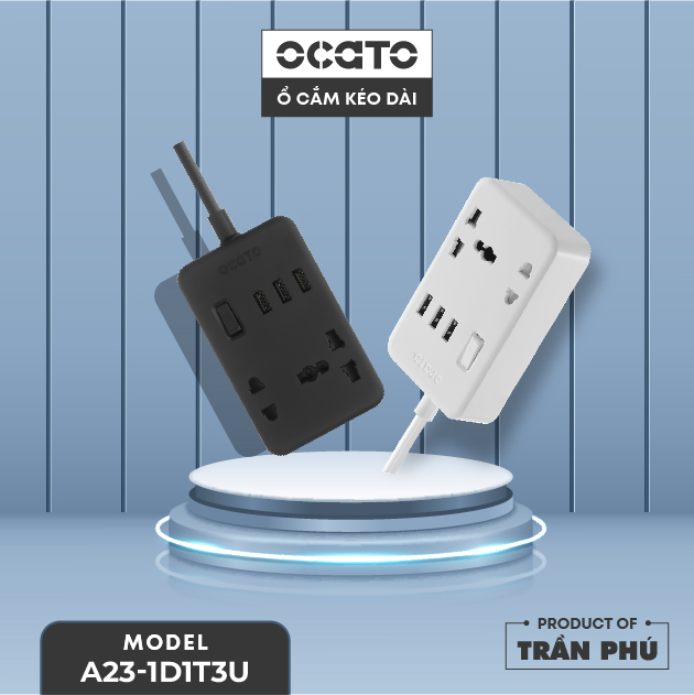 Ổ cắm điện kéo dài OCATO Trần Phú A23-1D1T3U (2 ổ cắm + 3 cổng sạc USB)