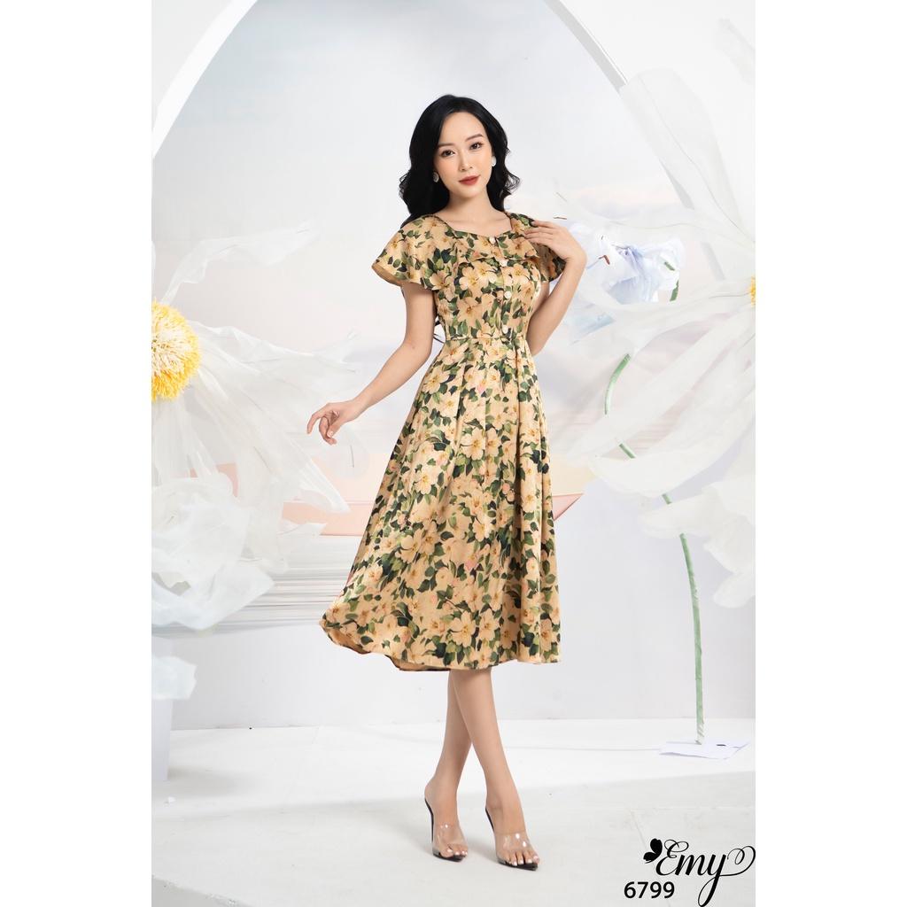 Đầm EMY EM6799 Xoè Cổ Bèo HT Hoa