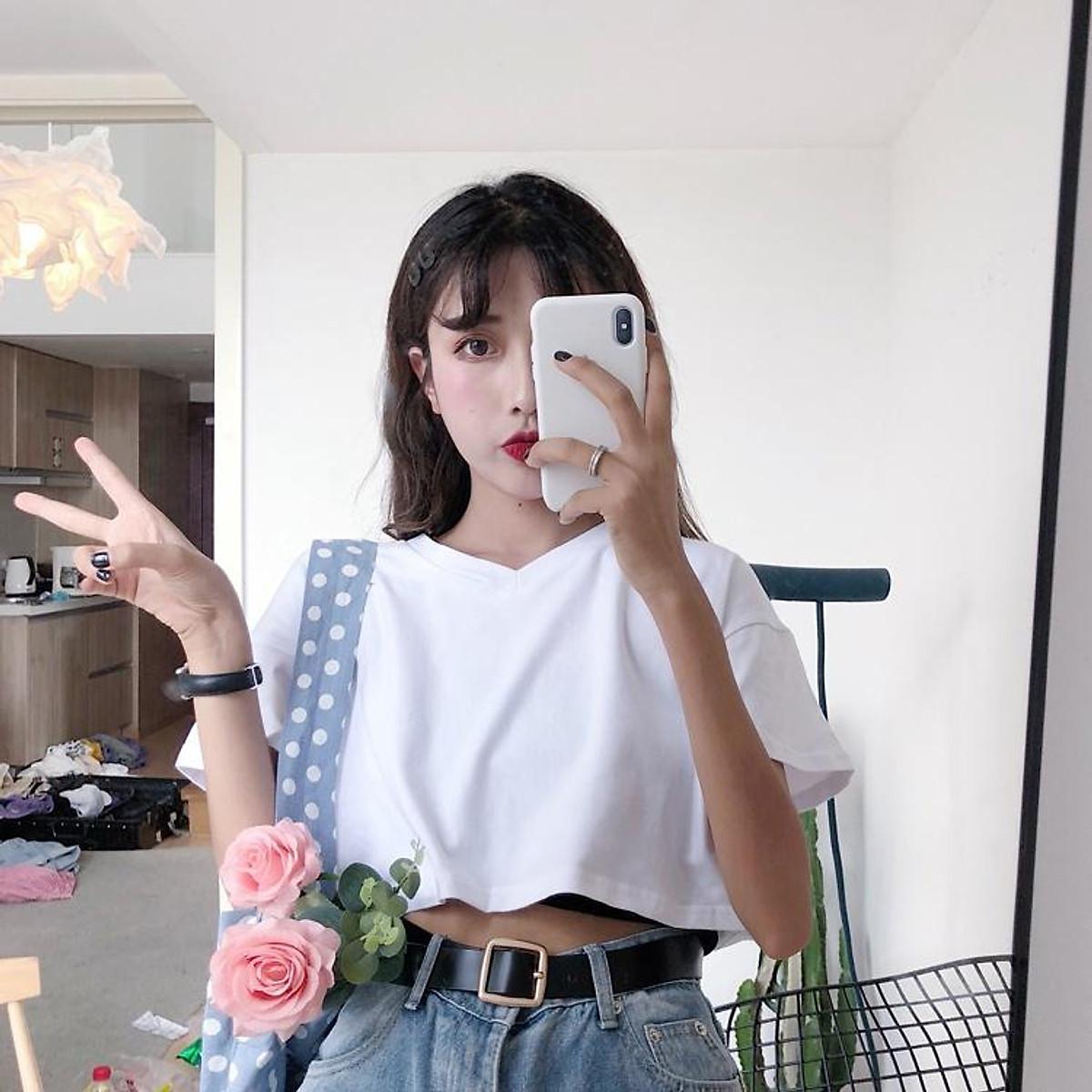 Áo croptop nữ đẹp, áo croptop ngắn tay cổ chữ V, cổ tim, phong cách ulzzang Hàn Quốc, aloha - Trắng