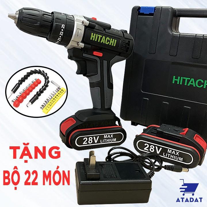 MÁY KHOAN PIN HITACHI 28V- LÕI ĐỒNG- PIN 5 CELL- CÓ BÚA (khoan tường, sắt , bắt vít