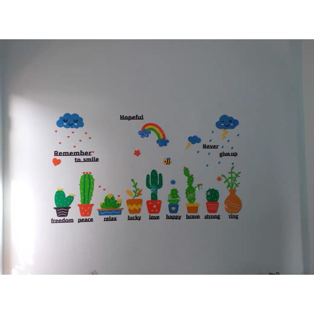 Tranh dán tường mica 3D chậu cây xương rồng trang trí chân tường, decal mica làm nổi bật phòng khách, cửa hàng, lớp học