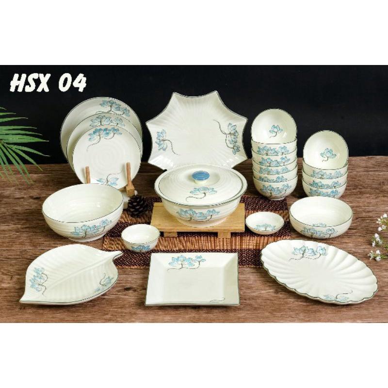 ️ Nhiều set- Bộ đồ ăn sứ cao cấp Bát Tràng vẽ hoa sen xanh