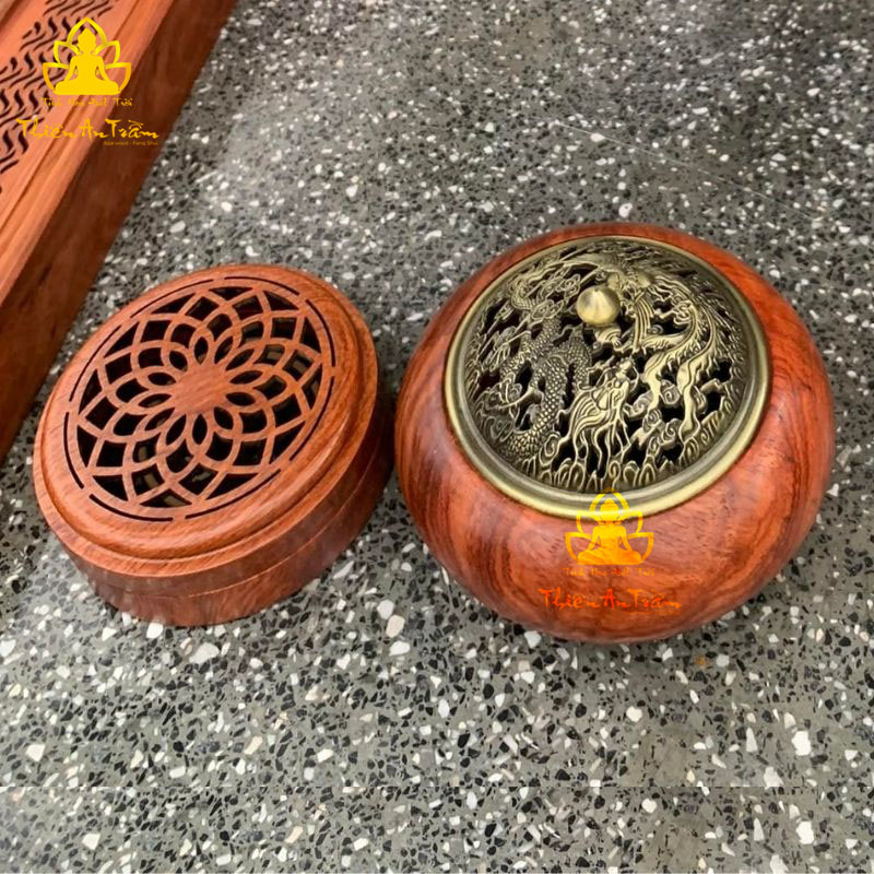 Lư Gỗ Xông Đốt Trầm Hương – Lư Gỗ Hương Xông Đốt Nhang Khoanh Trầm Hương, Nhang Nụ Trầm Hương - Lư Gỗ Hương Xông Đốt Trầm Hương Nắp Kim Loại Khắc Hoa Văn