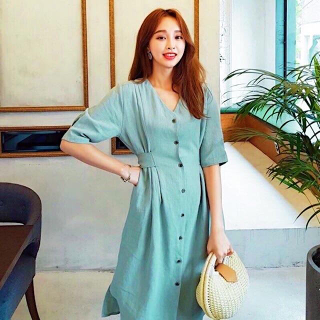 ĐẦM CÔNG SỞ ĐẦM DÁNG SUÔNG Đầm váy mint nút trước cột nơ v2