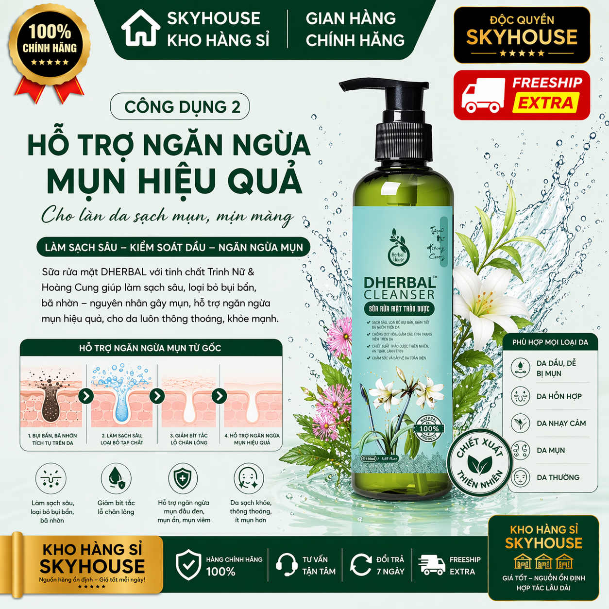 Sữa rửa mặt trị mụn thiên nhiên chiết xuất trinh nữ hoàng cung độc quyền DHERBAL chai 150ml dưỡng trắng da chính hãng