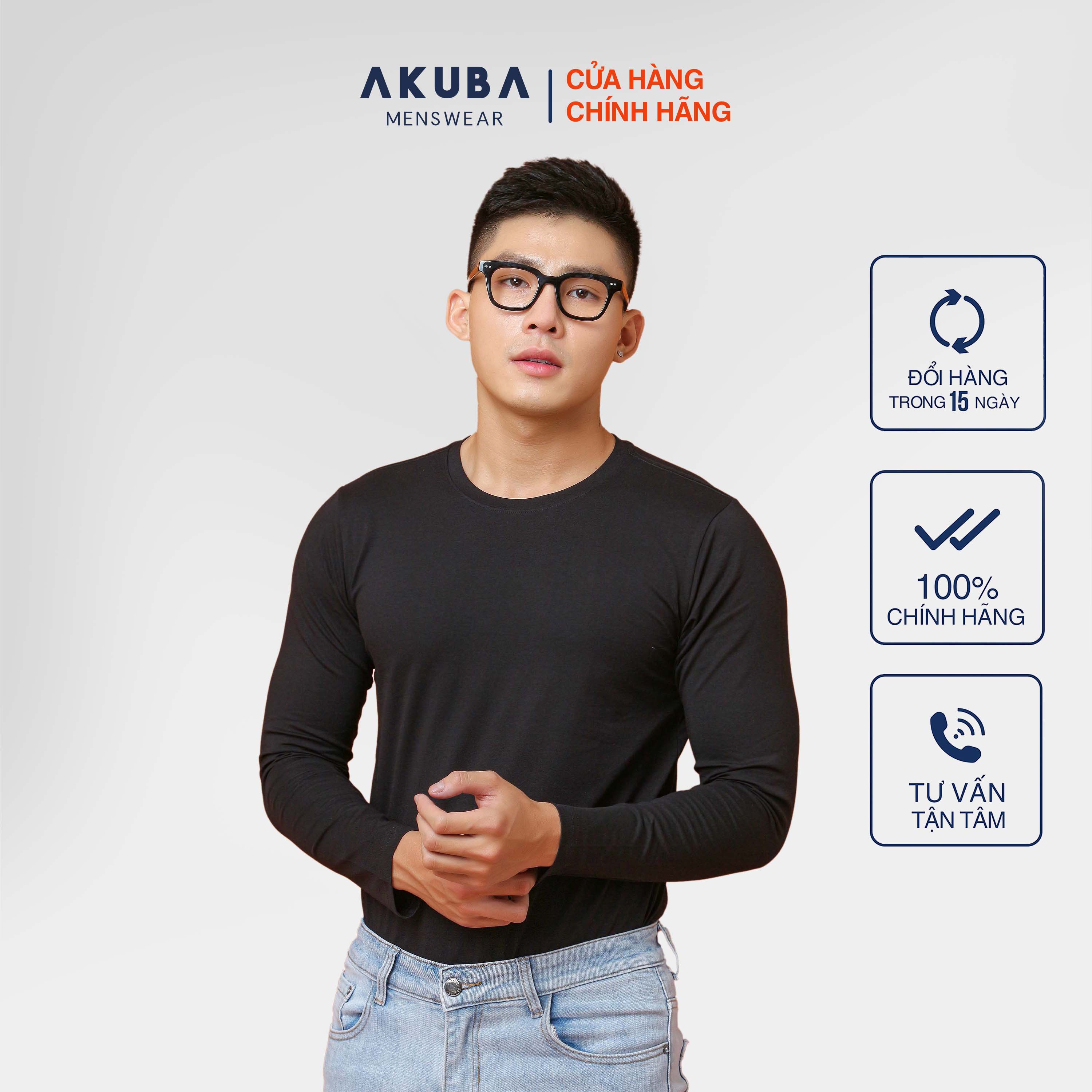 Áo thun tay dài trơn nam AKUBA form slimfit, chất liệu 100% cotton, co giãn 4 chiều, thấm hút mồ hôi tốt J596 