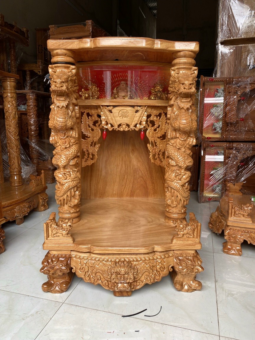 Bàn thờ thần tài ông địa rồng phun lửa gỗ gõ đỏ ngang 60-70 cm