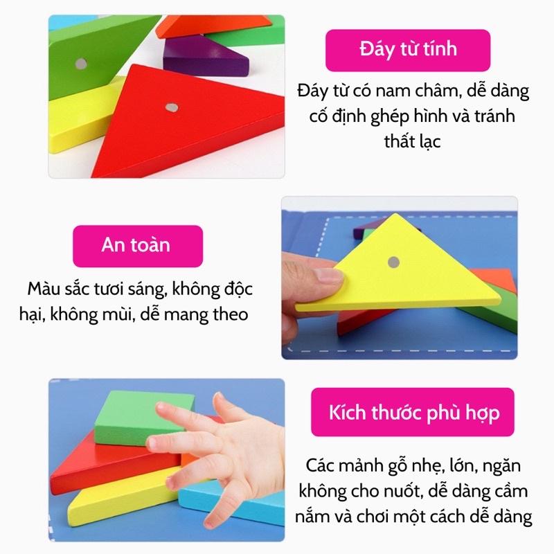 Xếp hình gỗ Tangram nam châm có kèm sách, đồ chơi thông minh cho bé tư duy phát triển trí tuệ