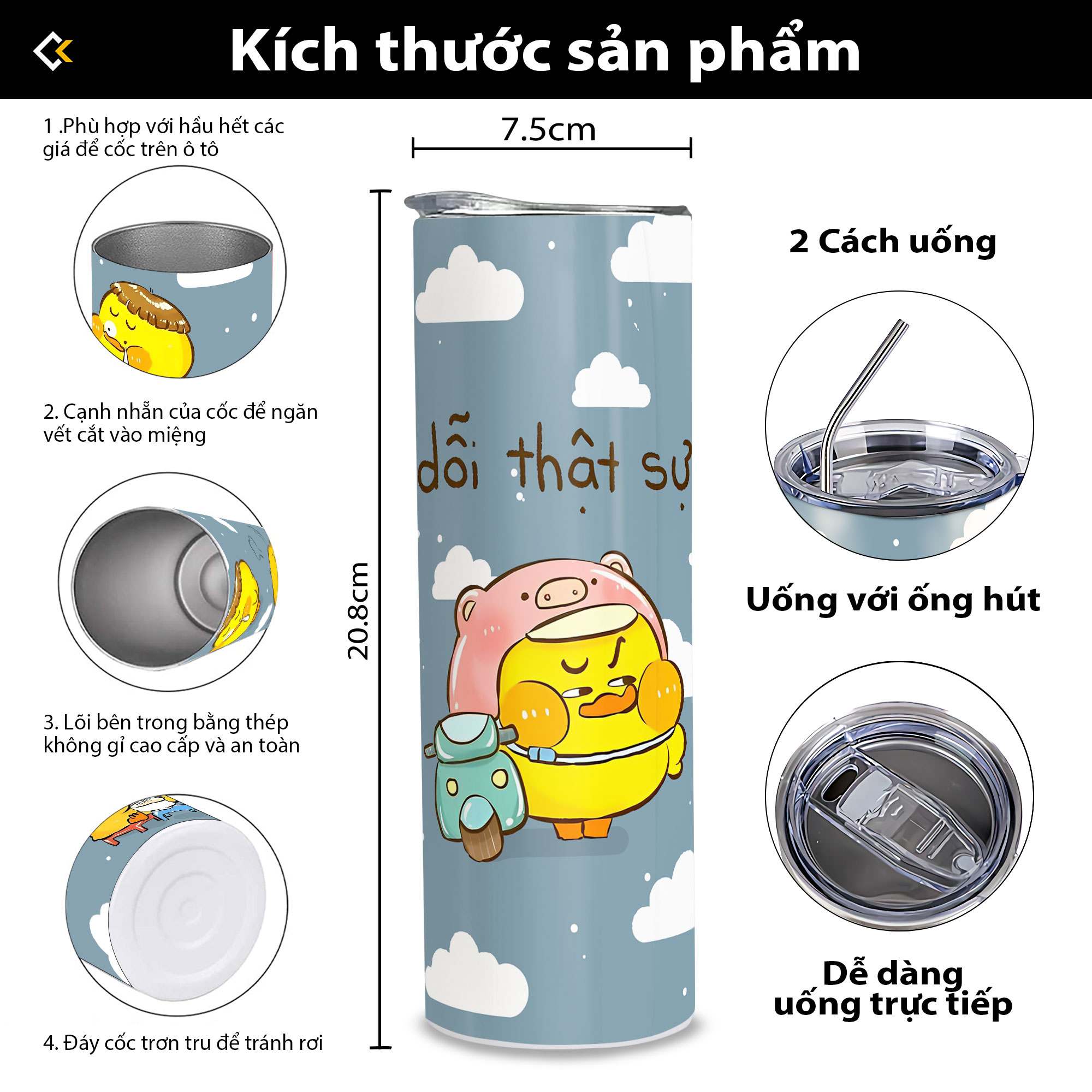 Bình Giữ Nhiệt Vịt Vàng Giận Dỗi - Ly Giữ Nhiệt Vịt Vàng - Bình Nước Vịt Vàng Dễ Thương thép không gỉ SUS304 - 600ml