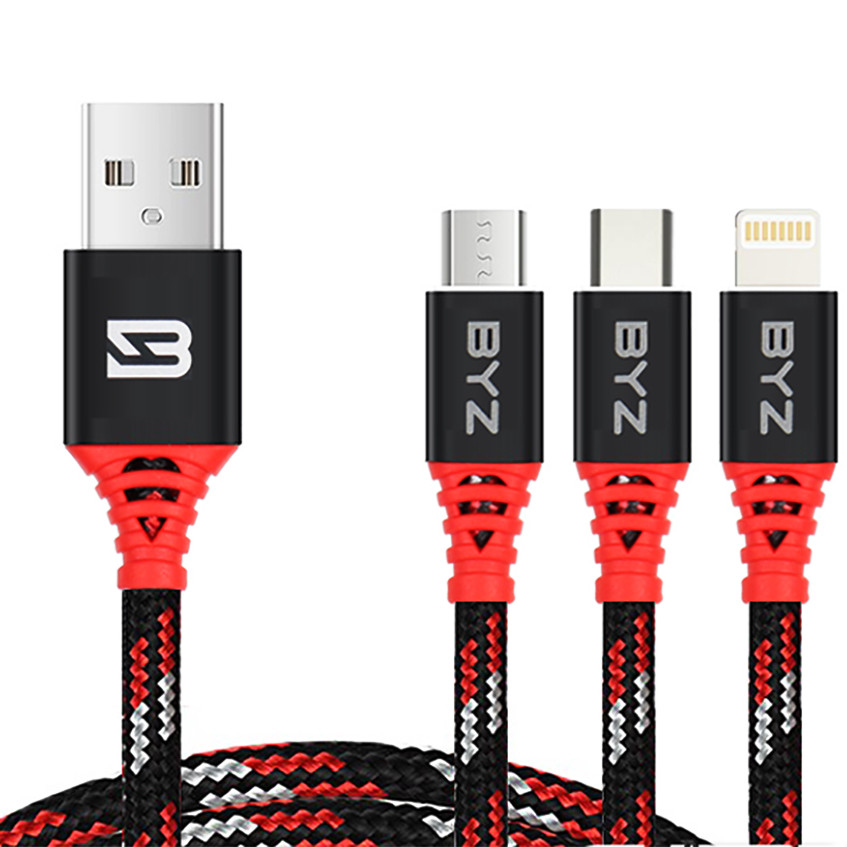 Dây sạc điện thoại BYZ 3 đầu bện dù siêu bền Lightning + Micro usb + Type -C dài 1.2M - Hàng chính hãng