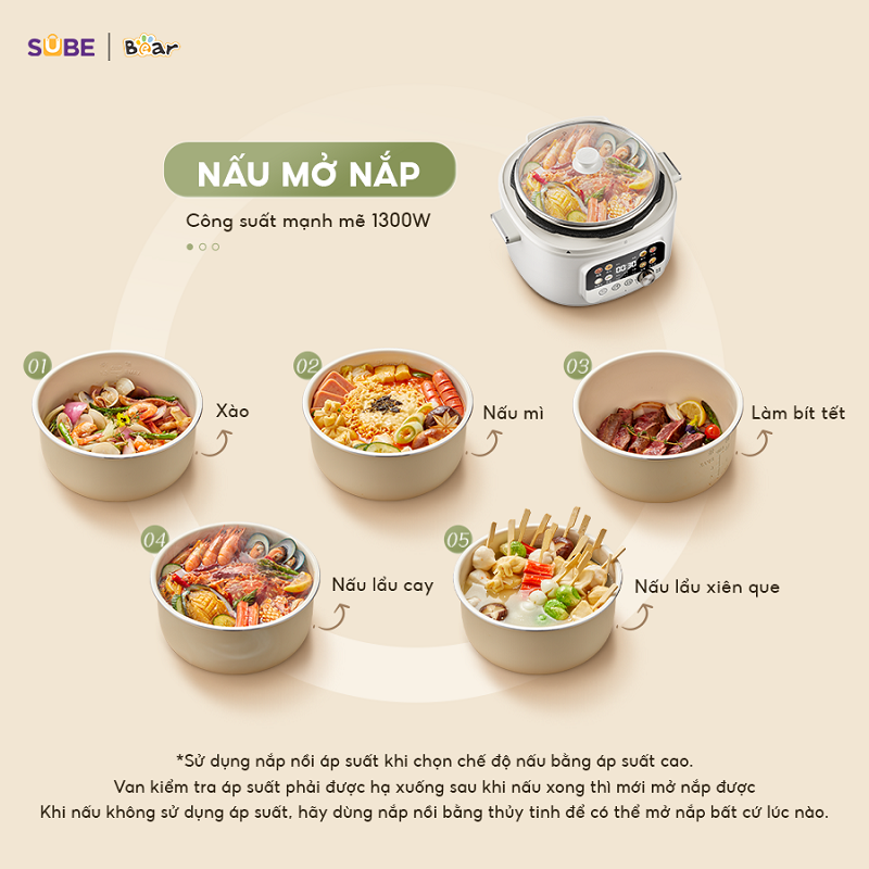 Nồi Áp Suất 4L Bear Đa Năng 8 Chế Độ Ninh Hầm Lẩu Nướng Sôi Nhanh Chống Dính Dễ Vệ Sinh An Toàn Bản Tiếng Việt SB-AS40W - Hàng Chính Hãng
