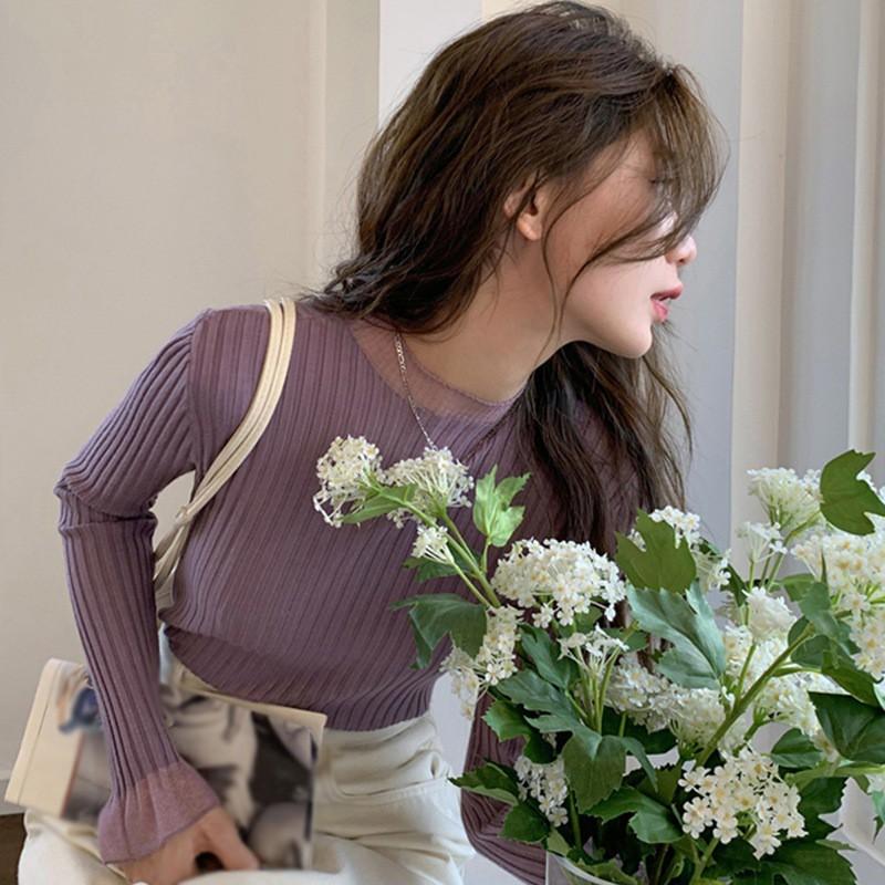 Áo dệt kim màu trơn cổ tròn phối ren kiểu tay dài trẻ trung xinh xắn