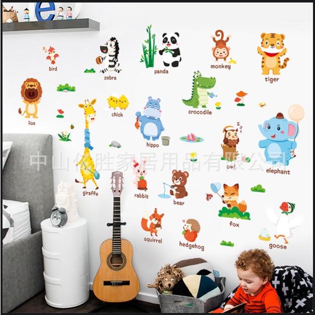 Decal trang trí tường - Thú tiếng anh dễ thương