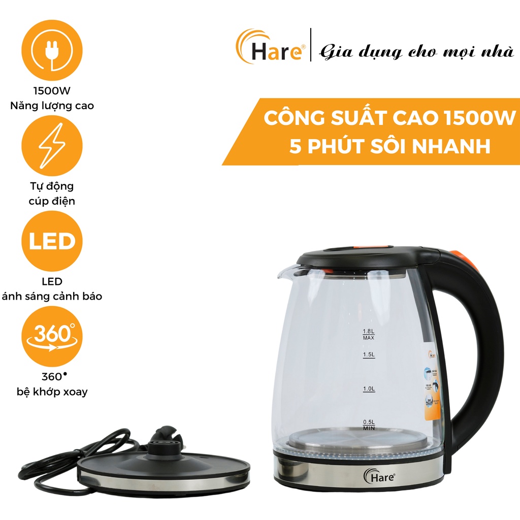 Ấm đun siêu tốc HR-KE1806 (1.8L) đun sôi nhanh trong 5 phút -hàng chính hãng thương hiệu Hare - bảo hành 12 tháng