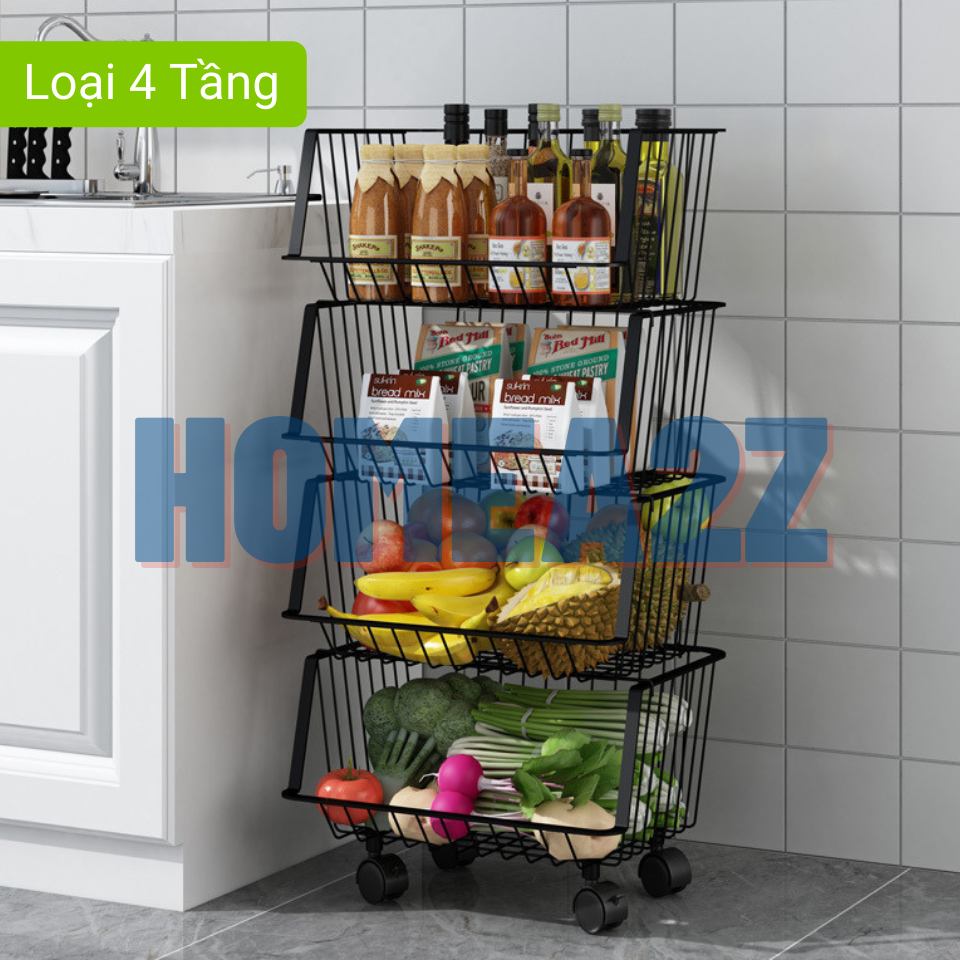 Kệ Nhà Bếp Đa Năng Dạng Rổ 4/5 Tầng Thép Carbon Sơn Tĩnh Điện, Kệ Rổ Xoay 360 Tiện Lợi Chống Gỉ Sét Cao Cấp