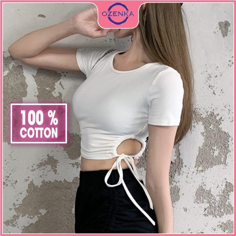 Áo croptop ôm hở eo nữ , crt cộc tay sexy thun gân 100% cotton free size dưới 52 kg mặc đi chơi màu đen trắng