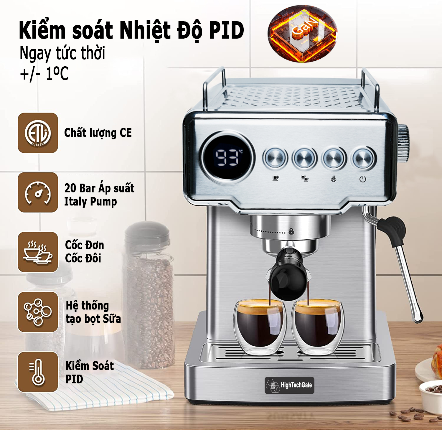 Máy Pha Cà Phê Espresso CF05 PLus HIGH TECH GATE Kiểm Soát Nhiệt PID 90~95ºC Chính Xác, Bộ Full Combo, Làm Nóng Nhanh, Tự Động Mini Nhỏ Gọn Gia Đình, Văn Phòng, Hàng Chính Hãng