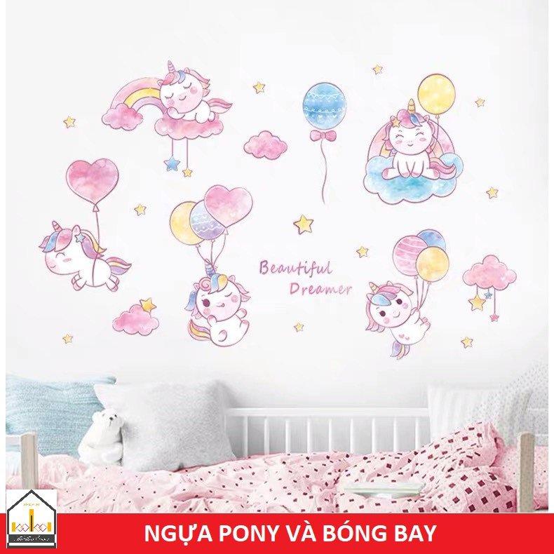 Decal dán tường, tủ quần áo, trang trí phòng bé NGỰA PONY VÀ BÓNG BAY
