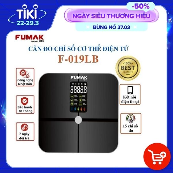 Cân đo sức khỏe điện tử thông minh Fumak F-019LB (Đo 15 thông số Tỷ Lệ Mỡ Thừa, chỉ số IBM, Trọng Lượng...qua Smartphone). Cân phân tích cơ thể thông minh - Hàng chính hãng Fumak