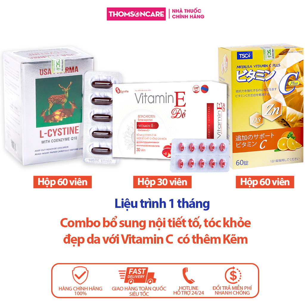 Combo viên uống nội tiết tố Lcystine 60v, Vitamin E đỏ vỉ Sano 30v, Vitamin C có thêm kẽm 60v - Giúp bổ sung nội tiết tố tóc khỏe đẹp da , bổ sung Vitamin C và kẽmThomsoncare