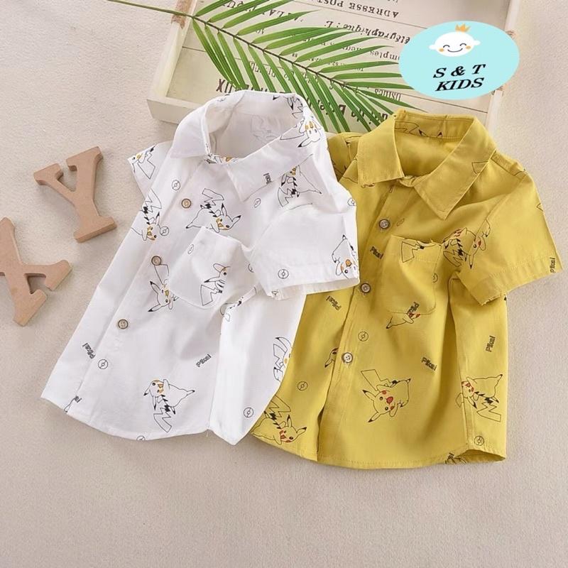 Áo sơmi cộc tay bé trai chất thô lụa hai màu trắng vàng