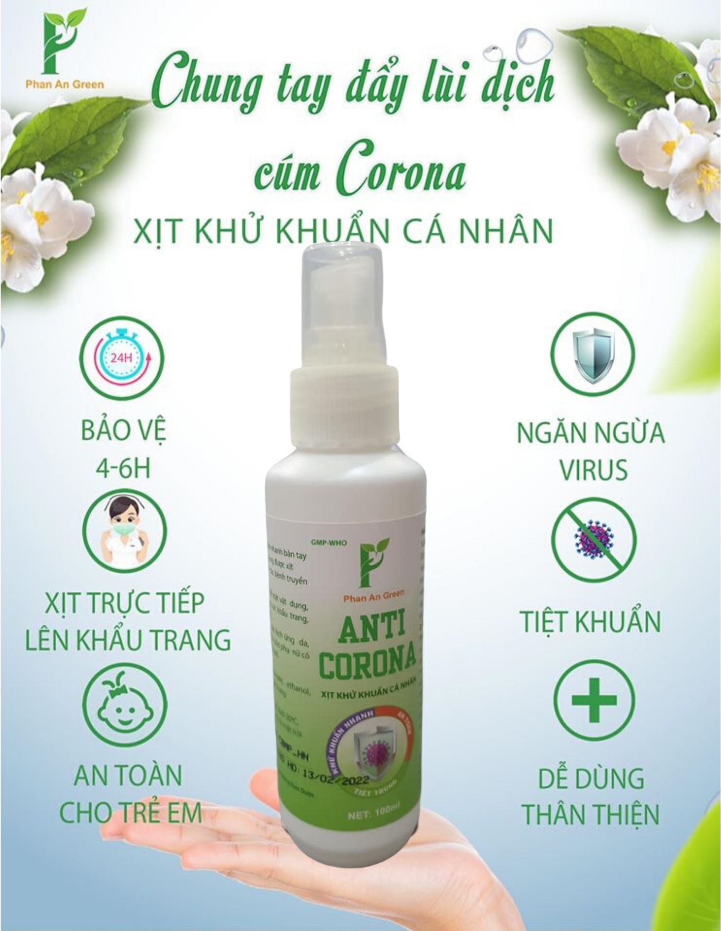 Combo 5 chai Xịt Kháng Khuẩn Cá Nhân Nước rửa tay khô Xịt rửa tay khô ANTI CORONA 100ml Xịt được lên Khẩu Trang