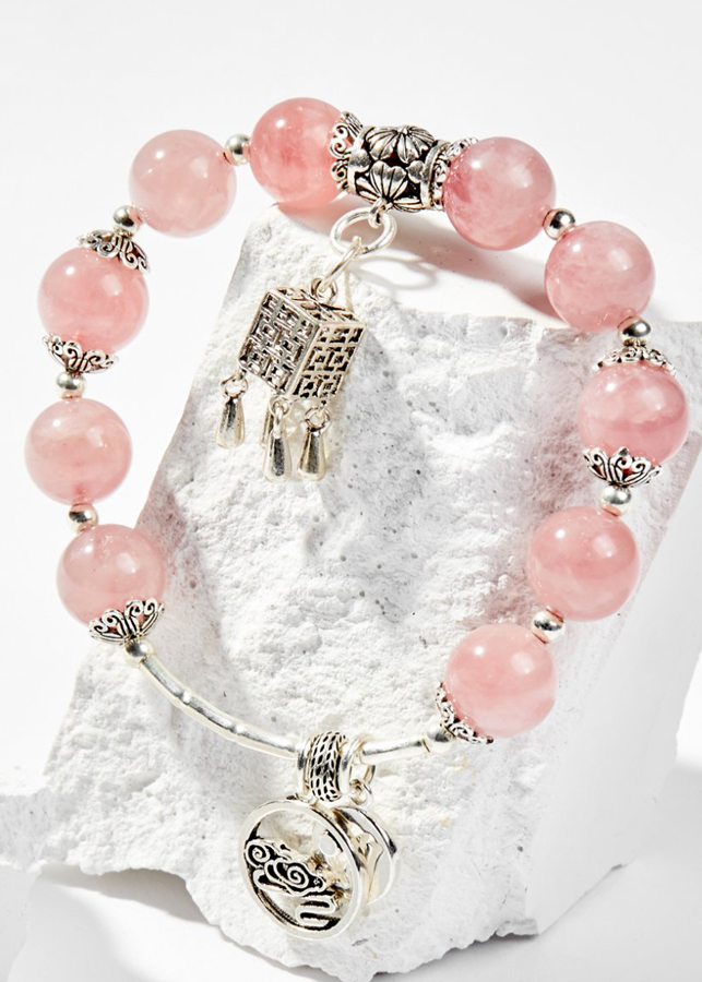 Vòng Tay Phong Thủy Đá Thạch Anh Hồng Phối Charm Đèn Lồng Bạc Mệnh Hỏa, Thổ Ngọc Quý Gemstones