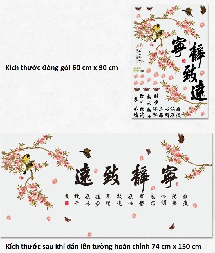 Decal trang trí tết combo cành đào yến hỷ + sơn thủy Á Đông