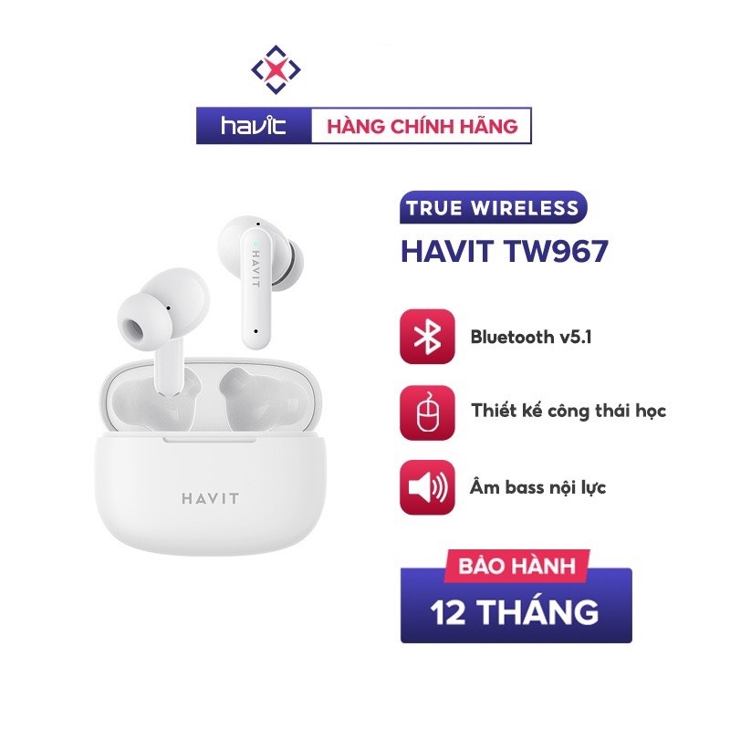 Tai Nghe TWS Havit TW967 BT 5.1, Thiết Kế Công Thái Học, Driver 10mm, Nghe Nhạc Đến 5H - Hàng Chính Hãng