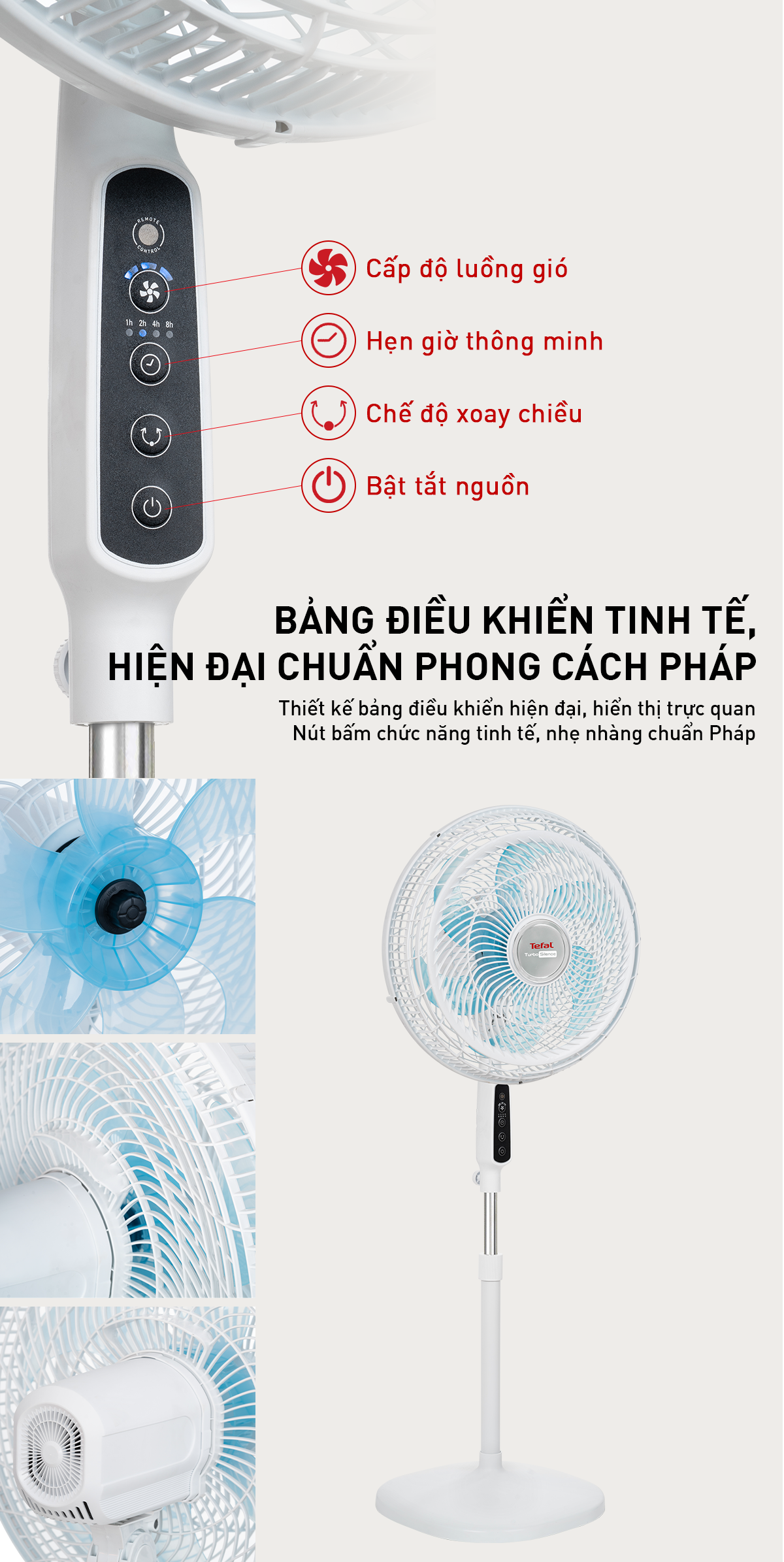 Quạt đứng có điều khiển từ xa Tefal Turbo Silence VH679990 màu trắng- Hàng chính hãng