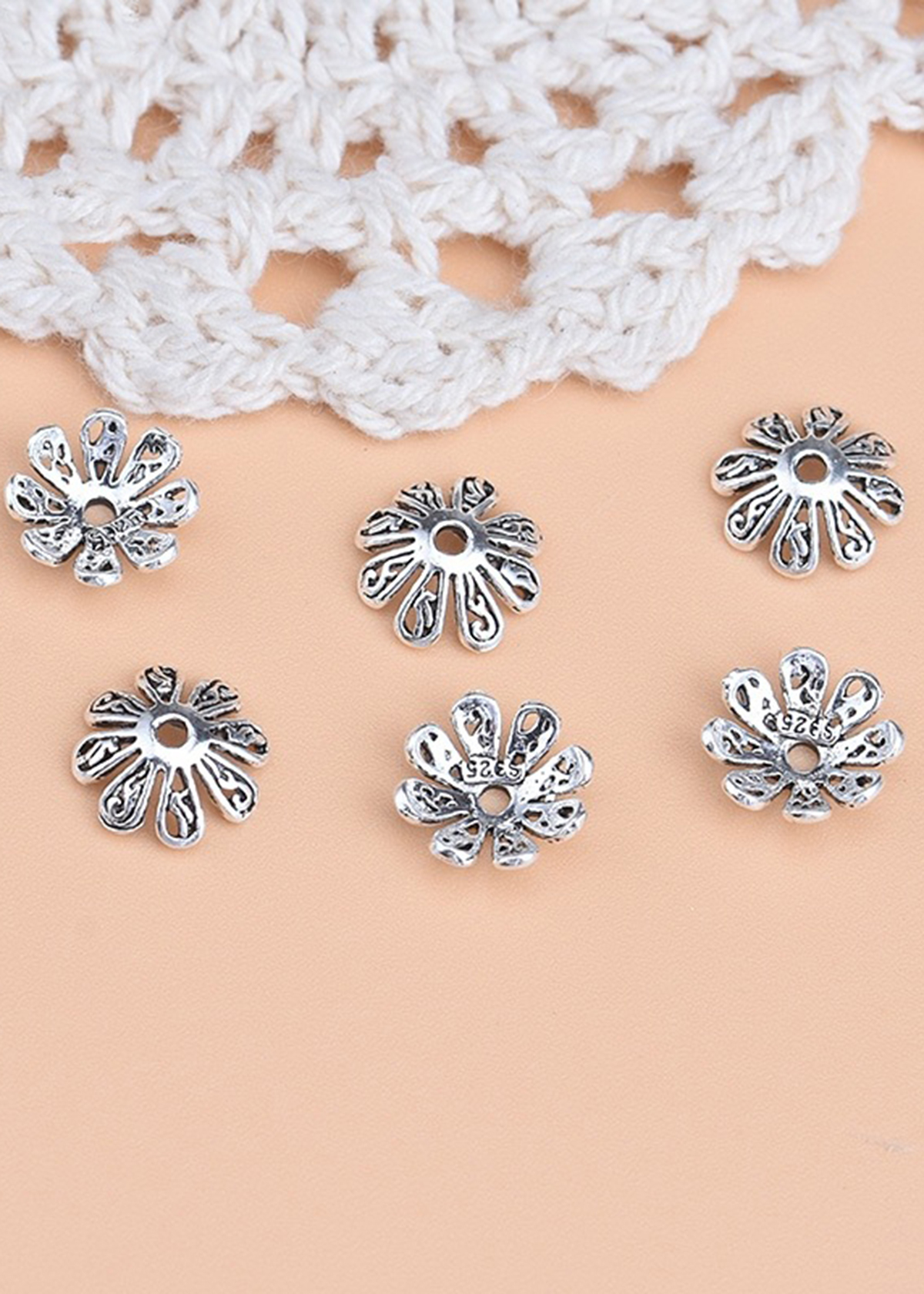Combo 6 cái charm bạc chụp hạt, bọc hạt họa tiết hoa văn - Ngọc Quý Gemstones