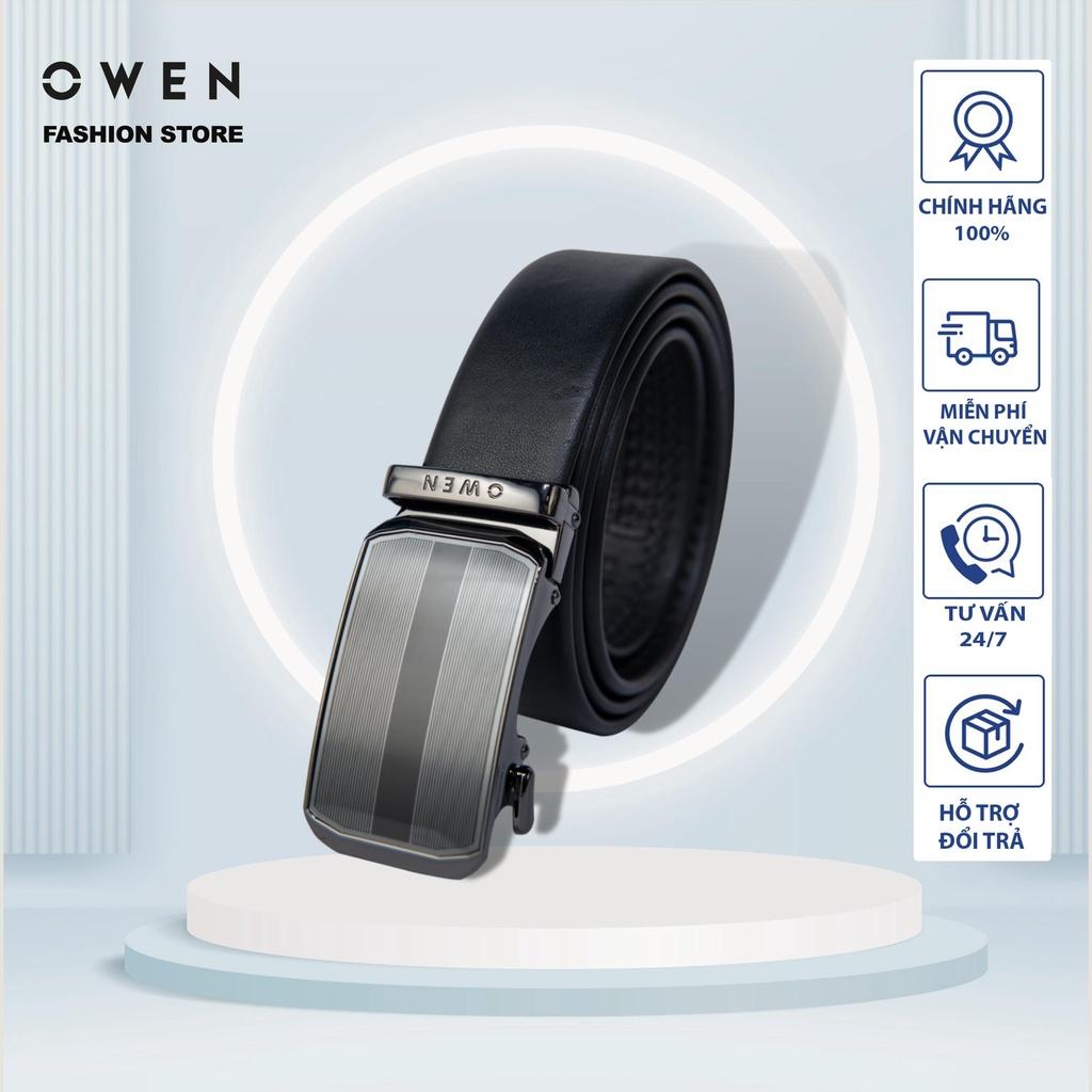 OWEN - Thắt lưng nam OWEN 100% da thật, mặt đen bóng, khóa trượt