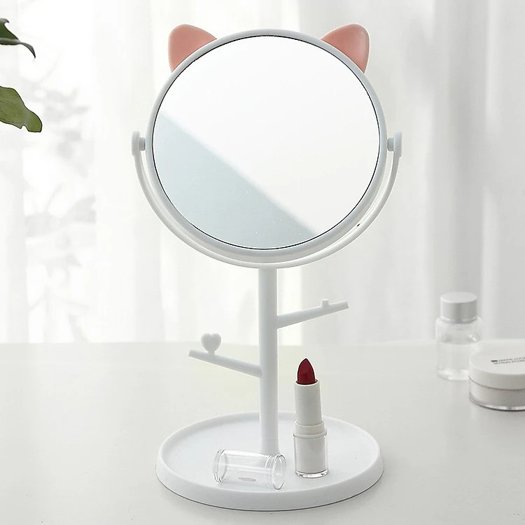 Gương Tai Mèo Để Bàn Trang Điểm Xoay 1 Mặt 360 Độ - TẶNG BỘ CỌ TRANG ĐIỂM