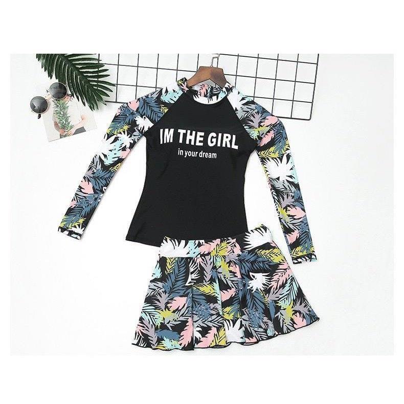 Bikini # Đồ Bơi Đi Biển Hai Mảnh Tay Dài Váy Xòe Hoa HM-051