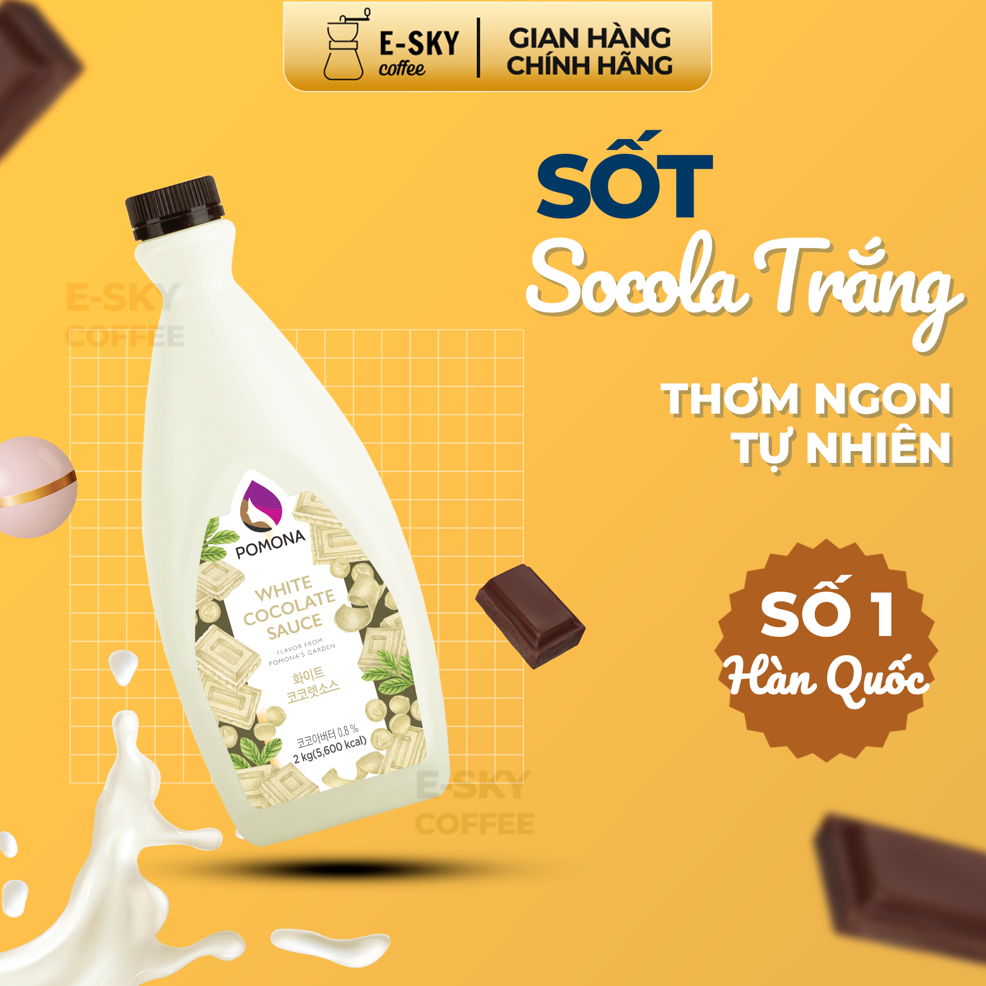 Sốt Socola Trắng Pomona Chocolate Sauce Nguyên Liệu Pha Chế Cà Phê Trà Sữa Hàn Quốc Chai 2kg